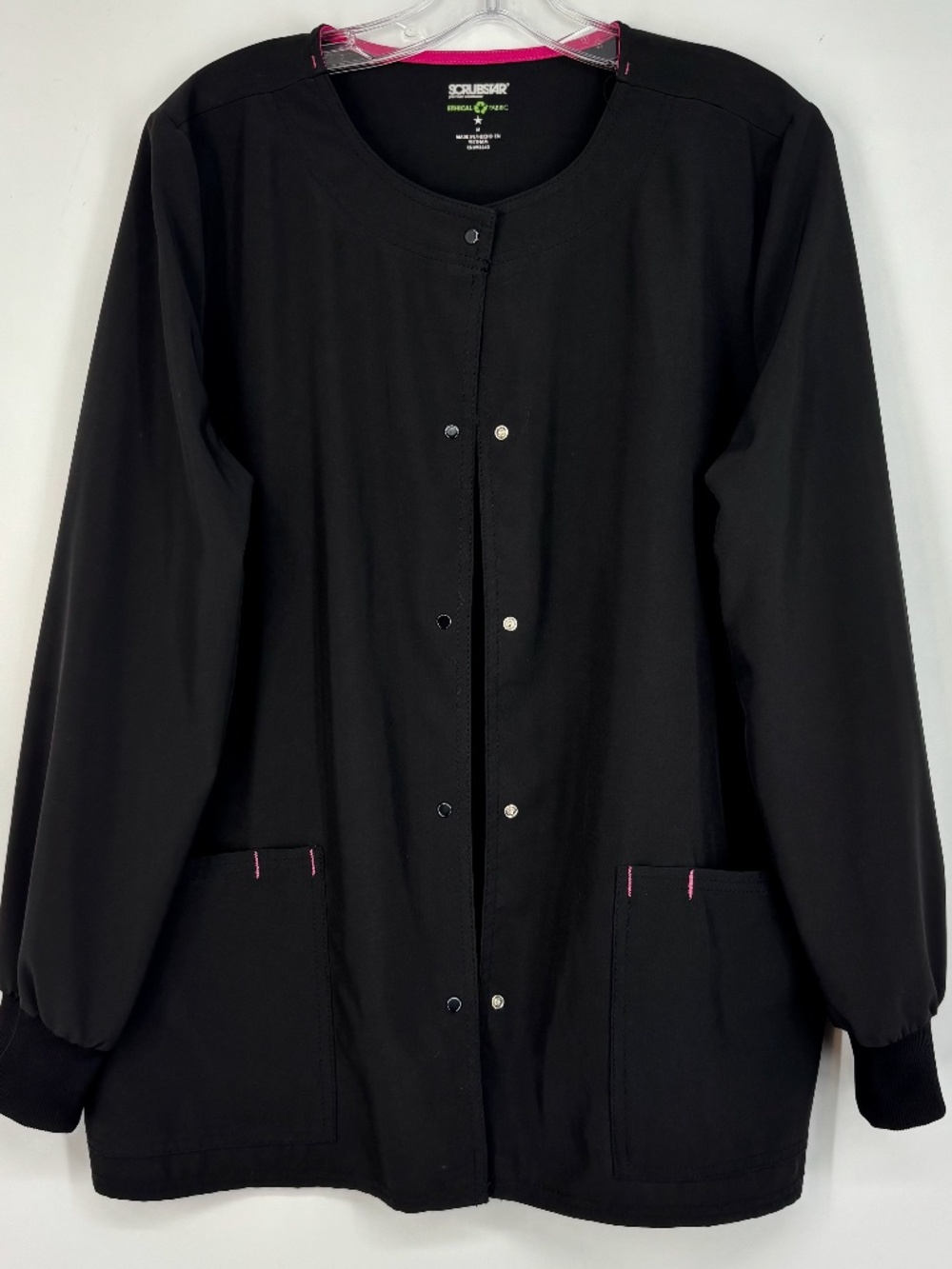 Scrubstar Womens Medium Snap Front Scrub Jacket Black Pink Accent Long Sleeves